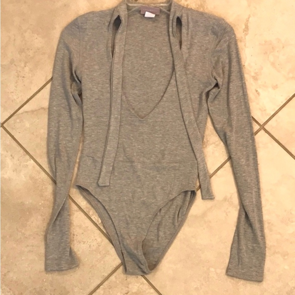 Gray Long Sleeve Tie Front Bodysuit